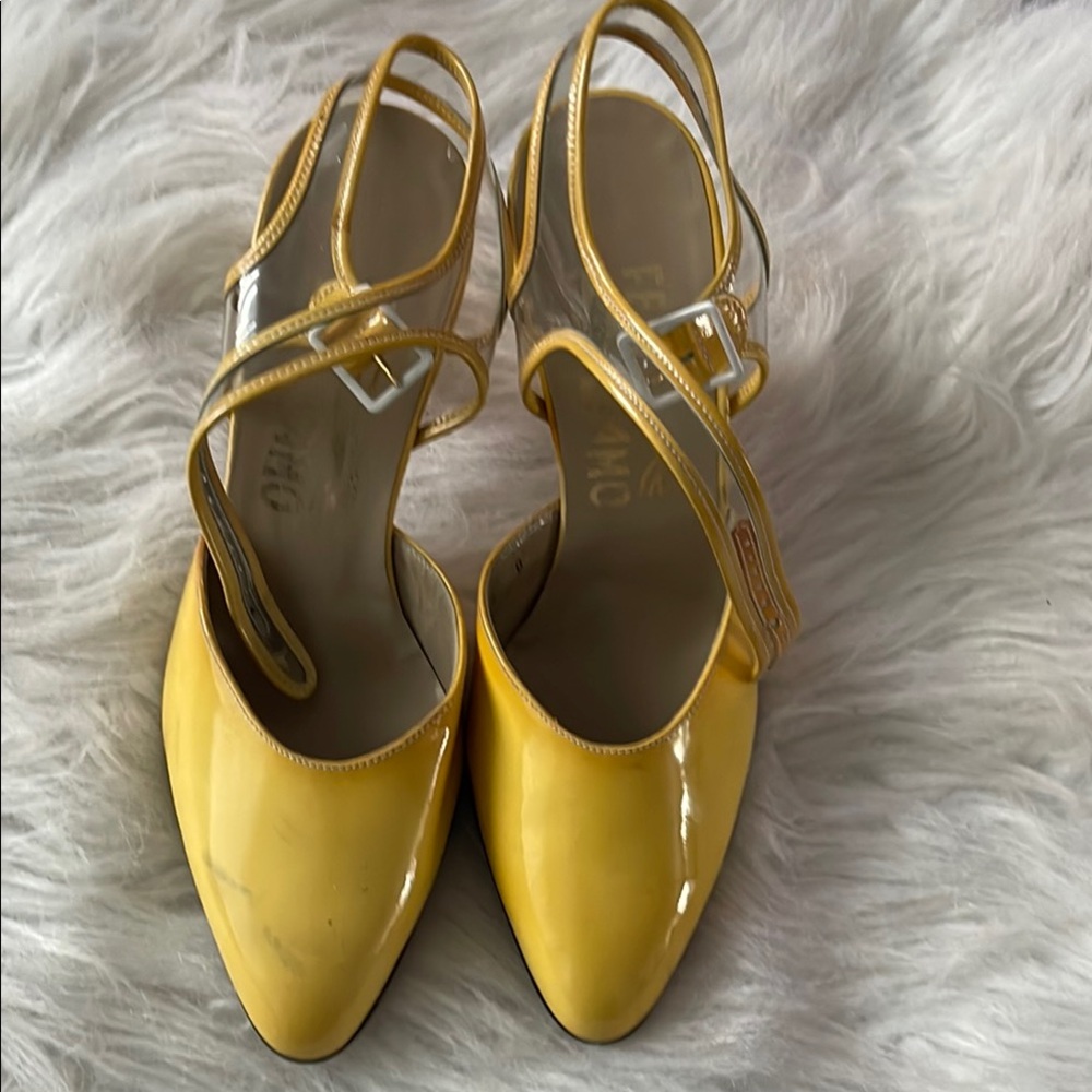 Salvatore Ferragamo Yellow Heels with Pointed Toe and Slingback Design